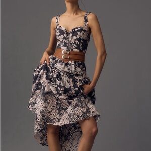 Anthropologie sleeveless sweetheart a-line midi dress in grey motif